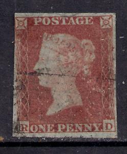 GB 1841 - 52 QV 1d Penny Red Imperf Blued Paper ( R & D ) ( F981 )