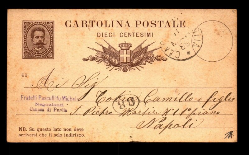 Italy 1889 10c Postal Card Used to Naples - L11085