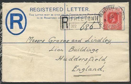 SIERRA LEONE 1925 GV 3d reg envelope uprated used to UK....................56988