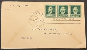 JOHN J AUDUBON #874 APR 8 1940 ST FRANCISVILLE LA FIRST DAY COVER (FDC) BX5