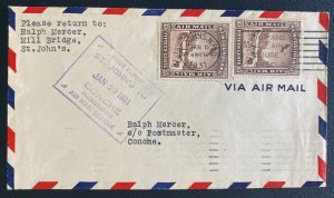 1931 St Johns Newfoundland First Flight Airmail Cover FFC To Conche