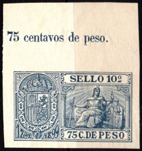 1898-1899 Spanish West Indies Revenue Sello 10 75 C. De Peso Document Stamp