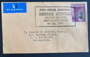 1937 Zanzinbar First All Up Flight Airmail cover FFC to Dar Es Salaam Tanganyika