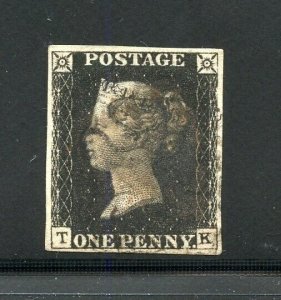 GREAT BRITAIN SCOTT #1 PENNY BLACK USED 4-MARGIN COPY AS SHOWN
