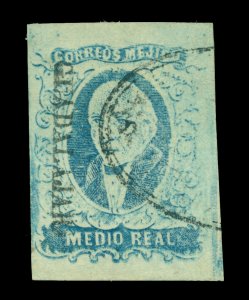 MEXICO 1856  HIDALGO  ½r light blue - Guadalajara - dist. ovpt Scott # 1 used XF