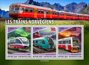 Central Africa - 2023 Norwegian Trains on Stamps - 3 Stamp Sheet - CA230430a