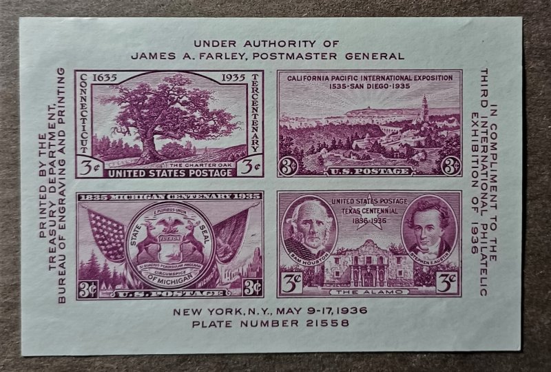 United States #778 3c Third International Philatelic Exposition MNG SS (1936)