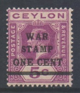 Ceylon Scott MR4 - SG336, 1918 War Tax 1c on 5c Magenta MH*