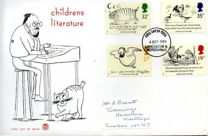 1988 Sg 1405/8 Edward Lear Stuart First Day Cover Lancaster Cancellation