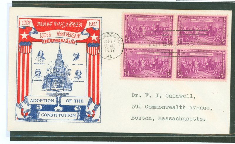 US 798 1937 3c Constitutional Sesquicentennial (block of 4) on an addressed (typed) FDC with Warnefort Cachet