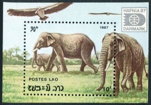 Laos 812, MNH. Michel 1033 Bl.119. HAFNIA-1987. Elephants. Bird.