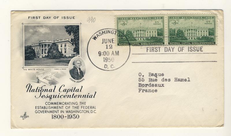 US - 1950 - Scott 990 FDC - 150th Anniv. of Washington National Capital - pair