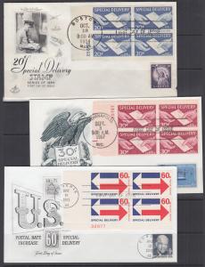 US Sc E20, E21, E23 FDCs. 1954-1971 issues, Plate Blocks of 4, F-VF