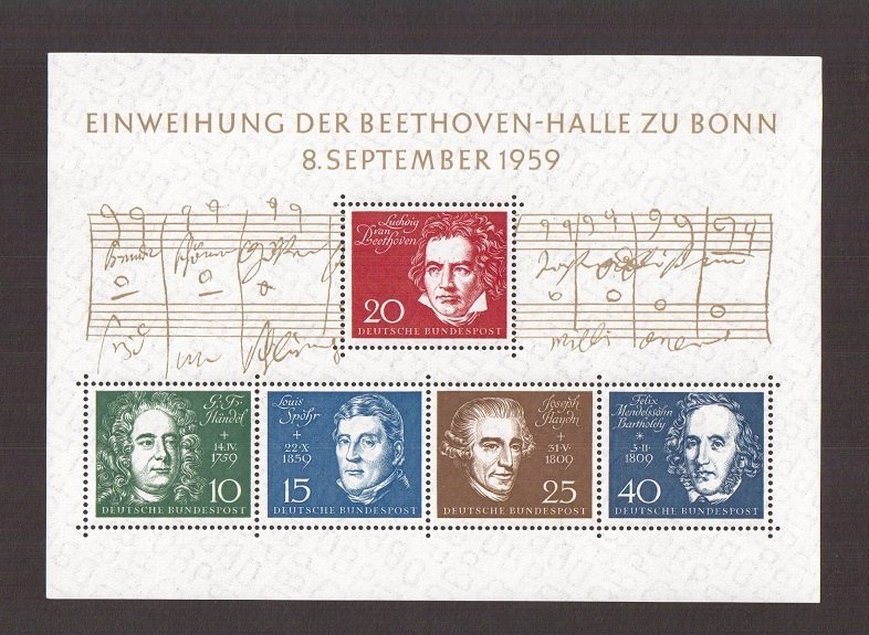 Germany   #804  MNH  1959  sheet  Beethoven Hall  German composers