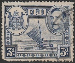 Fiji #122 1938 3d Blue King George VI and Native Canoe USED-NH.