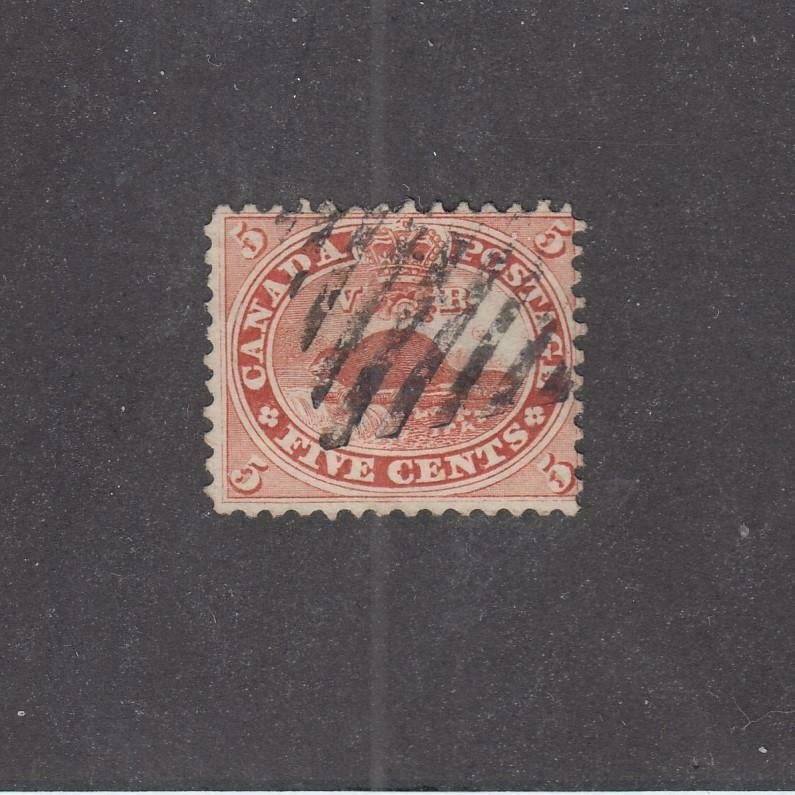 CANADA (MK4275) # 15 F-USED  5cts BEAVER /VERM /1859 /GRID CANCEL CAT VALUE $20