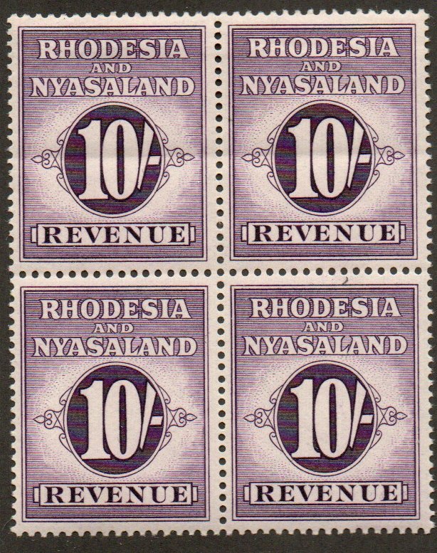 Rhodesia & Nyasaland Revenue BF6 Mint never hinged. Block of four