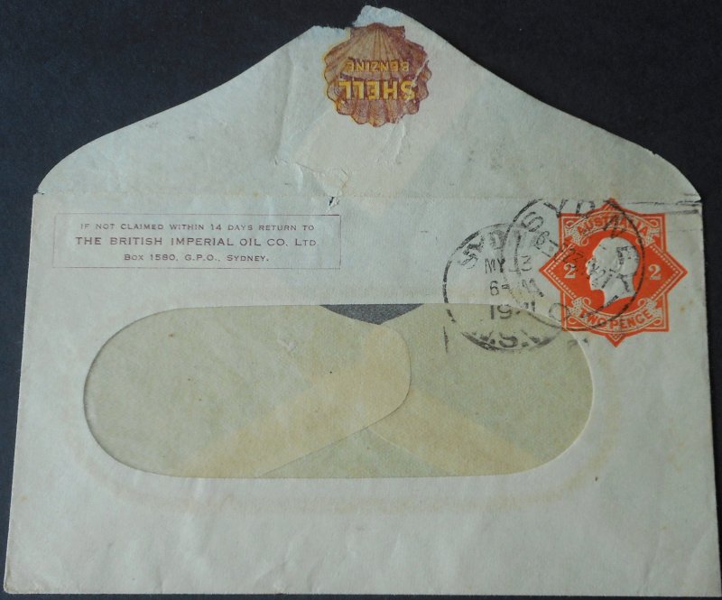 Australia 1921 GV Two Pence Stamped to Order Envelope with SHELL Benzine advert