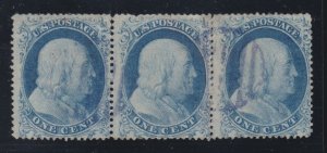 US 18 1c Franklin Used Strip of 3 with Indigo Grid Cancels VF SCV $2000