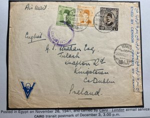 1941 Egypt Censored Airmail Cover To Dublin Ireland Victory Label Cachet