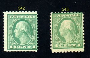 #542, 543  Washington 1¢ Green   MNH⭐⭐⭐⭐⭐