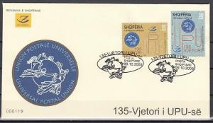 Albania, Scott cat. 2869 A-B. U.P.U. Anniversary issue. First day cover.