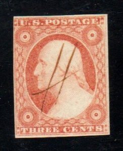 Scott # 11 - Imperf - 3c Washington Orange Red 4 margins