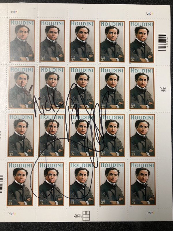 Sheet Of 20 “ HOUDINI “ 37 Cent Stamps - Signed By David Copperfield  