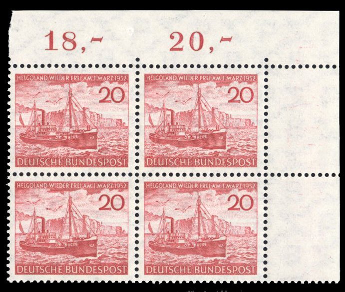 Germany #690 Cat$46, 1952 Heligoland, corner margin block of four, never hinged