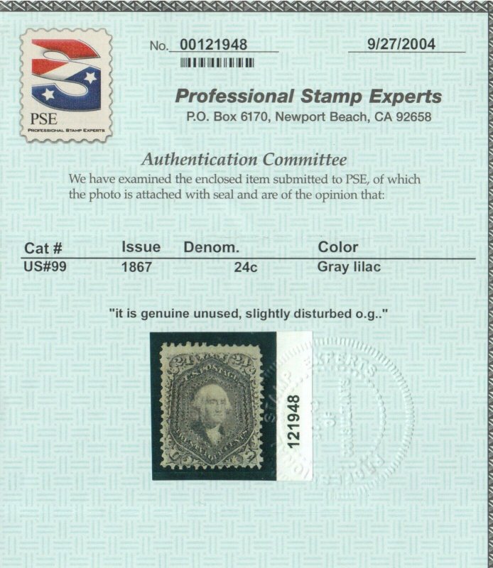 USA #99 Mint Fine - Very Fine F Grill Full Original Gum Hinged **With Cert.**