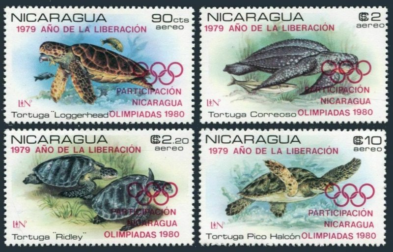 Nicaragua C969-C969C, MNH. Olympics Lake Placid-1980, Moscow-1980. Turtles.