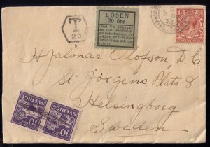 GB Sc #161 Postal Cover 1933 Great Britain - SURREY ENGLAND To Sweden (Europe):