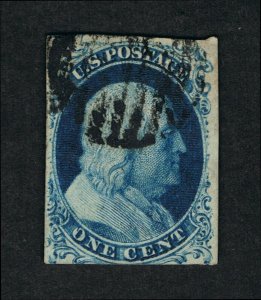 GENUINE SCOTT #9 VF-XF USED 1852 BLUE TYPE-IV GRID IN CIRCLE - PLATED POS. 98L1L