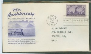 US 922 1944 3c Transcontinental Railroad/75th Anniversary on an addressed (typed) FDC with a Grimsland  cachet and an Ogden, Uta