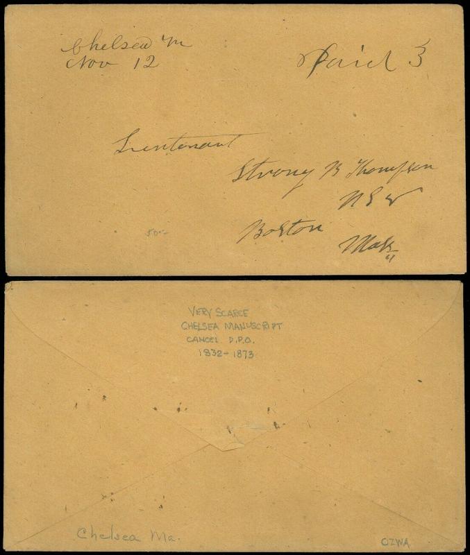 1850c, Stampless, *RARE* Manuscript Chelsea M / Nov 12, Paid 3 - Navy Officer! 