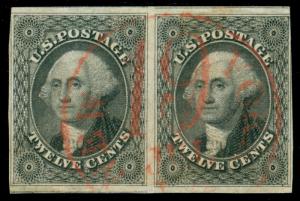 MOMEN: US STAMPS #17 PAIR USED LIGHT RED CDS CANCEL