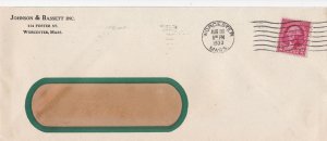 U.S. JOHNSON & BASSETT INC. Worcester 1933 Illustrated Back Stamp Cover Rf47141