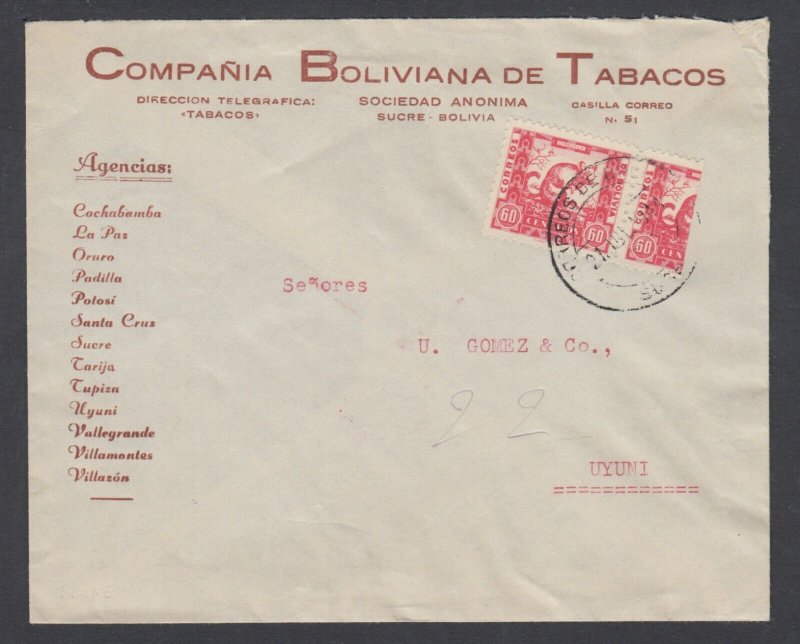 Bolivia Sc 261 + Bisect on 1944 cover Sucre to Uyuni, CDS ties bisect. Tobacco