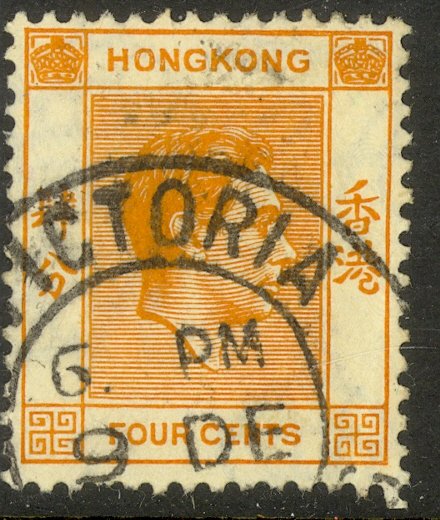 HONG KONG 1938-48 KGVI 4c Orange Portrait Issue Sc 156 VFU