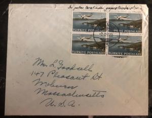 1950 Istanbul Turkey Cover To MAssachussets Usa Sc#C14 Airmail Stamp