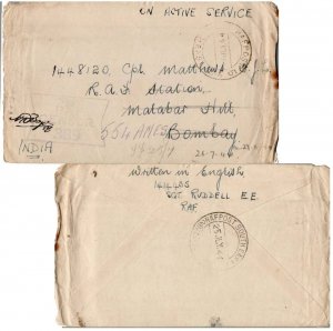 India Soldier's Free Mail 1944 5 RAF Post 5, S East Asia Calcutta to Bombay F...