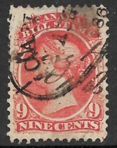 CANADA 1865 QV 9c Red BILL STAMP REVENUE VDM. FB26 USED