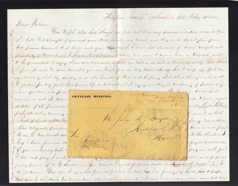 CIVIL WAR: Asylum Camp - Columbia, SC Feb. 1865 PRISONER Letter & Cover MAINE 