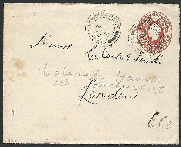 NIGERIA 1929 GV 2d envelope used SAPELE to London..........................45845