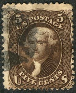 US #76a SCV $400. F/VF used, Black Brown, nice lite face free cancel, clear i...