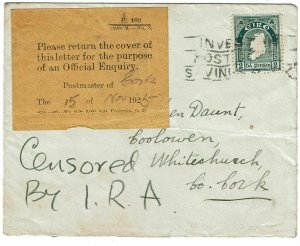 Ireland 1925 Dublin cancel on Civil War cover, PO label and censored