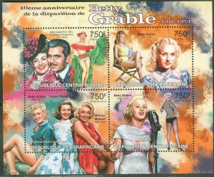 CENTRAL  AFRICA 2013 40th MEMORIAL ANNIVERSARY BETTY GRABLE SHEET  MINT  NH