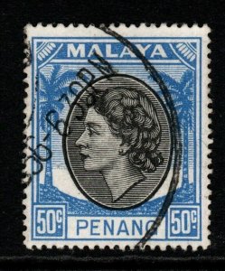 MALAYA PENANG SG40 1954 50c BLACK & BRIGHT BLUE FINE USED