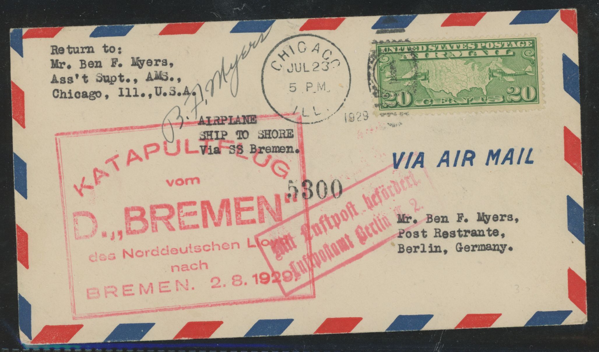 US C9 1929 20c Map franked this July 1929 cover, carried on the S S ...