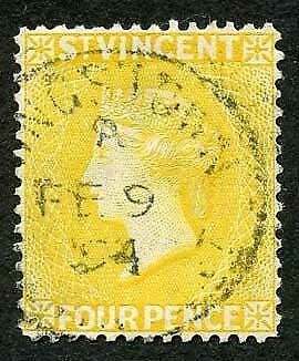 St Vincent SG56 4d Yellow wmk Crown CA SUPERB CDS used Cat 15 pounds